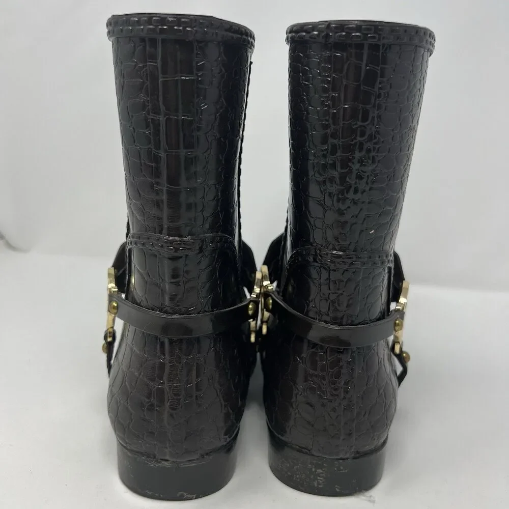 Michael Kors Rain Booties Dark Brown Croc Embossed Equestrian Rubber Rainboot S7